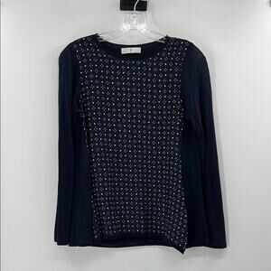 WHYCI Milano Silk Wool Blend Long Sleeve Blouse - Navy/Cream - 40 or US Medium